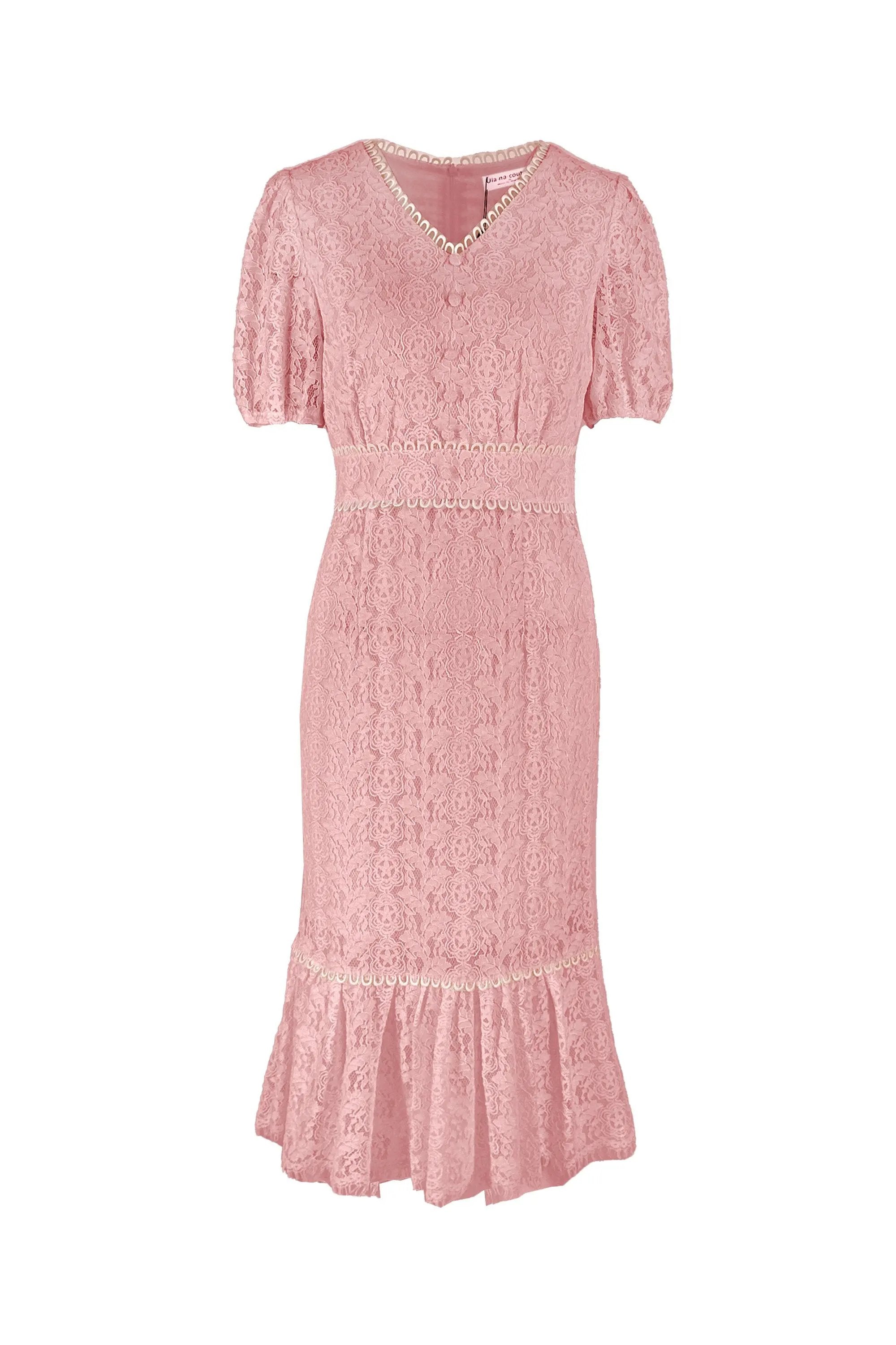 Elegant White and Pink Lace Midi Dress ULA